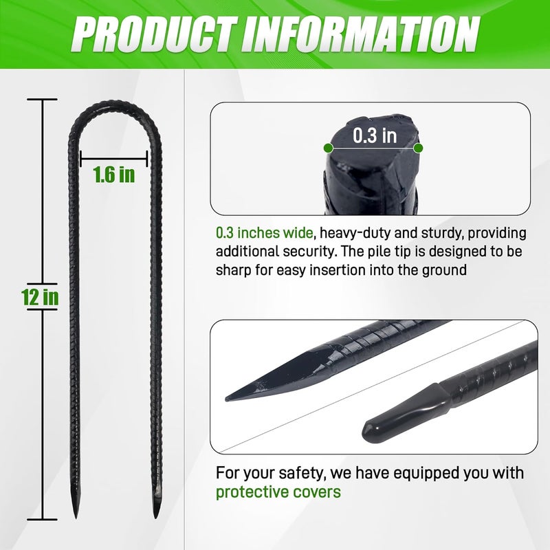 Anothera 16 Pack Trampoline Stakes Anchors High Wind, 12 Inches Tent Stakes Heavy Duty, Galvanized Steel Ground Stakes Kit, U Shaped Rebar Stakes for Trampoline, Tents, Fence - Image 2